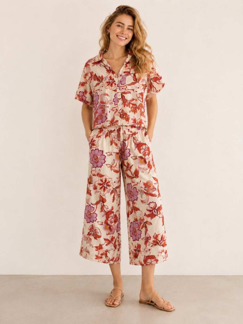 Laundry by Shelli Segal Floral Linen Blend Cropped Shirt Wide Leg Set Size SCoor